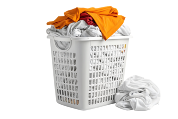 White laundry basket with orange and red clothing items overflowing, white garments scattered around, isolated on a transparent background