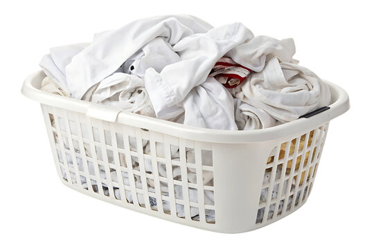 White laundry basket containing mixed white and light colored garments with some red accents, isolated on a transparent background