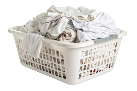White laundry hamper filled with various white, beige and light colored clothing and linens, isolated on a transparent background