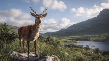 Fototapeta premium Deer on a rocky outcrop overlooking a serene mountain lake