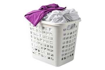 White laundry hamper filled with gray and white garments, purple shirt hanging over side, isolated on a transparent background