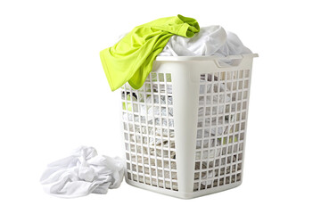 Tall white laundry basket filled with bright green shirt and white clothes overflowing from container, isolated on a transparent background