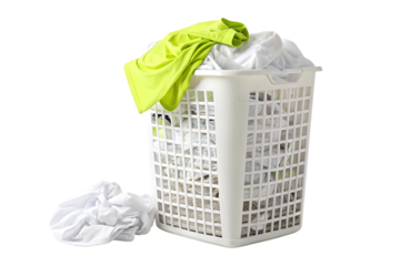 Tall white laundry basket filled with bright green shirt and white clothes overflowing from container, isolated on a transparent background
