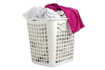Tall white plastic laundry basket with mixed colored clothing, magenta garment spilling over rim edge, isolated on a transparent background