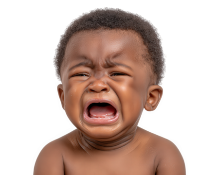 Crying baby black infant emotional sad isolated straight side view object close up expressive bare skin on transparency background