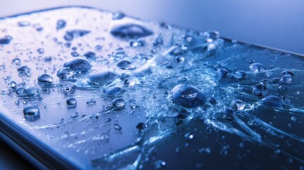 Close-up of water droplets on a smartphone screen.