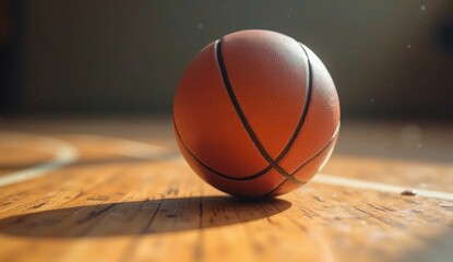 Obraz premium Close-up of basketball on wooden court floor, detailed texture and shadows create depth, classic composition conveys focus, training mood and dynamic sports atmosphere