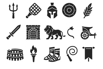 Ancient roman symbols: gladiator helmet, trident, coliseum, chariot, sword, and more