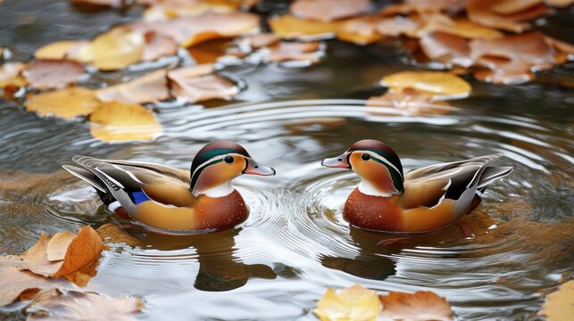 Mandarin ducks float gracefully on a lake, surrounded by vibrant orange and yellow leaves as they showcase their affection during the autumn season