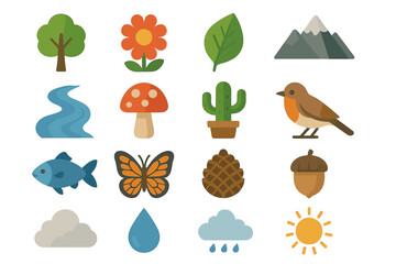 Nature icons set: trees, flowers, mountains, animals, and weather elements