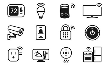 Smart home icons: thermostat, speaker, camera, appliances, security devices