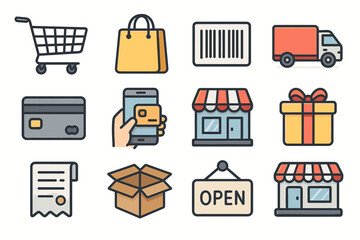 E-commerce and shopping icon set: cart, bag, barcode, truck, card, smartphone, store, gift, receipt, box, open sign