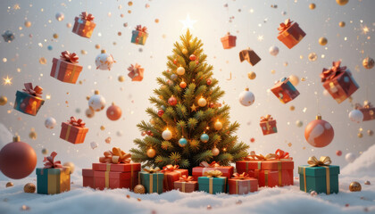 Beautifully decorated Christmas tree stands amidst snowy landscape, surrounded by colorful gift boxes and ornaments. scene is festive and joyful, capturing essence of holiday celebrations