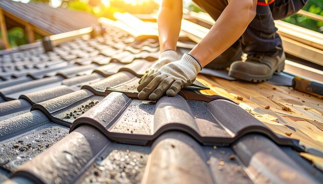 worker’s hands fixing roof shingles, detailed texture of tiles