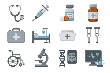 Fototapeta premium Medical icons set: stethoscope, syringe, medicine, crutches, equipment