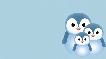 Fototapeta premium Cute Family of Penguins in Pastel Blue Background