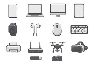 Collection of modern electronic devices: phone, laptop, tablet, and more