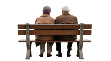 Senior Couple Sitting on Bench from Back View Cut Out PNG.
