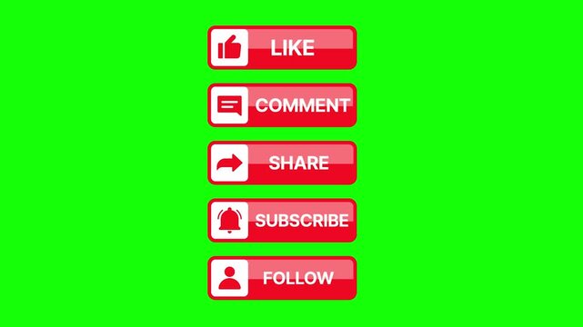 Like, Comment, Share, Subscribe, and Follow Buttons with Green Screen Social media promotion buttons animation pack with chroma key background