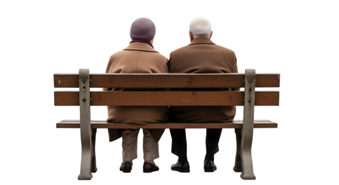 Senior Couple Sitting on Bench from Back View Cut Out PNG.