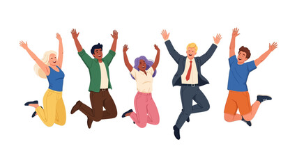 Joyful Leap: A diverse group of people joyfully leaps into the air. A vibrant illustration of people celebrating and being joyful.