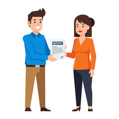 Obraz premium Handing over the report: A cartoon representation of two individuals in a professional setting. A man is handing over a report to a woman, highlighting the aspects of document exchange.