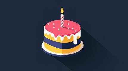 A colorful birthday cake with a candle atop, set against a dark background, giving a festive and celebratory vibe.