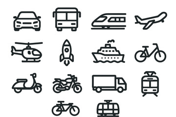 Obraz premium Icons of diverse transportation modes: car, bus, train, airplane, helicopter, rocket, ship, bike, scooter, motorcycle, truck, tram