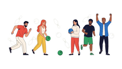 Bowling Fun in Illustration: A lively illustration captures the essence of bowling. The figures, engaged in the sport with enthusiasm, showcase its joyful spirit.