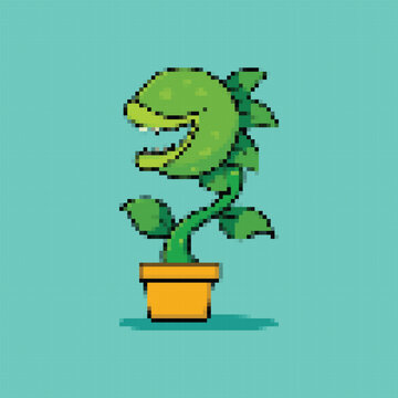 Cute cartoon illustration of Venus flytrap carnivorous plant in pixel art style