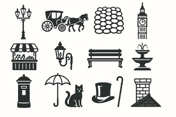 Set of iconic london silhouettes including big ben and horse carriage