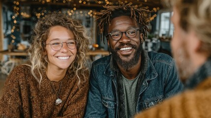 Obraz premium Young multiracial couple meeting with financial advisor using a touchpad during a consultation