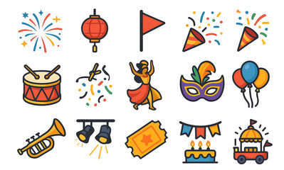 Festival celebration icons: fireworks, dance, masks, and more