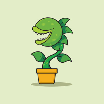 Cute cartoon illustration of Venus flytrap carnivorous plant on yellow background