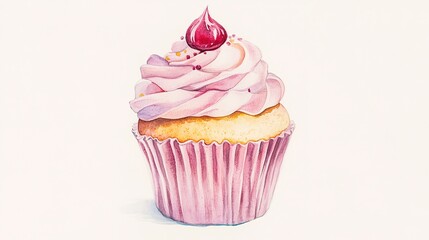 A beautifully illustrated cupcake with pink frosting, a cherry on top, and a decorative wrapper, perfect for dessert lovers.