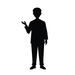 Vector art of silhouette of a man in a suit standing and gesturing, representing presentation