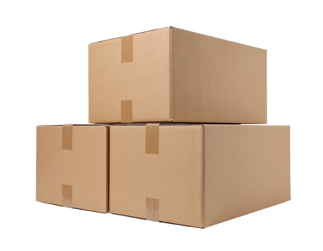 Stack of three cardboard boxes isolated on transparent background