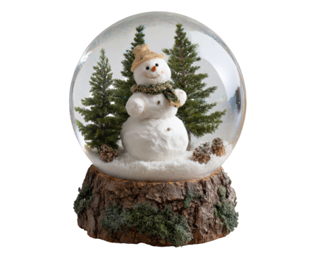 Snowman snow globe holiday winter decoration pine tree festive cheerful ornament seasonal. cheerful snowman with scarf and hat stands inside snow globe surrounded by pine trees and snow creating