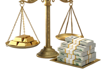 Balance concept gold bars and dollar packs 3d rendering isolated on transparent background