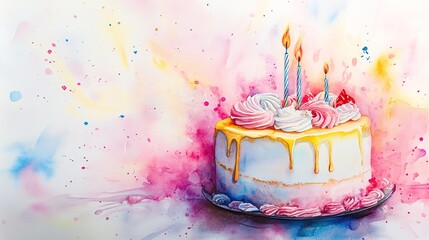 A beautifully illustrated cake with colorful icing, topped with candles, and set against a vibrant, splashed watercolor background.