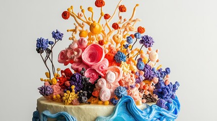 A vibrant cake topped with intricate floral decorations made of colorful icing, resembling a lively garden scene.