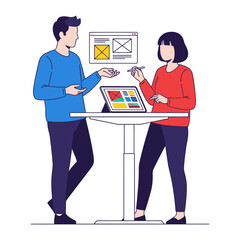 Digital Design Team Discussion: Two designers are collaborating on a digital project, a dynamic image of collaboration and innovation. Showcasing teamwork and creative synergy.