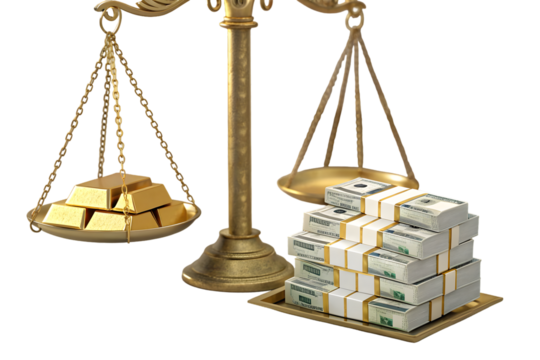 Balance concept gold bars and dollar packs 3d rendering isolated on transparent background