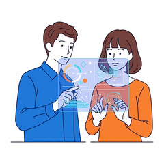 Digital Duo:  A pair of modern individuals are fully engaged, and interacting on an innovative transparent display, exploring a future-forward technological concept.