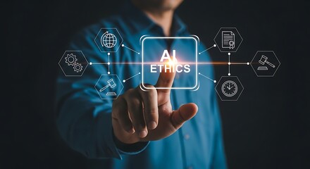 Artificial Intelligence Ethics Concept with Businessman Touching Digital Interface for Responsible AI Development