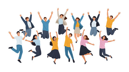 Joyful Leap: A vibrant illustration showcasing a dynamic group of people joyfully leaping in celebration of success and unity. Capturing the essence of collective triumph and pure elation.