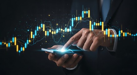 Businessman analyzing stock market data on his smartphone with graphical overlays and chart patterns