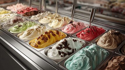 Many flavors of ice cream in an ice cream serving counter parlor