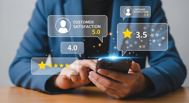 Customer satisfaction ratings on smartphone with business person using review and feedback system