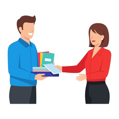 Passing Documents: Two figures in a graphic depiction of an interaction with a stack of folders and papers, exuding a sense of professionalism and collaborative spirit in a bright, clean style.